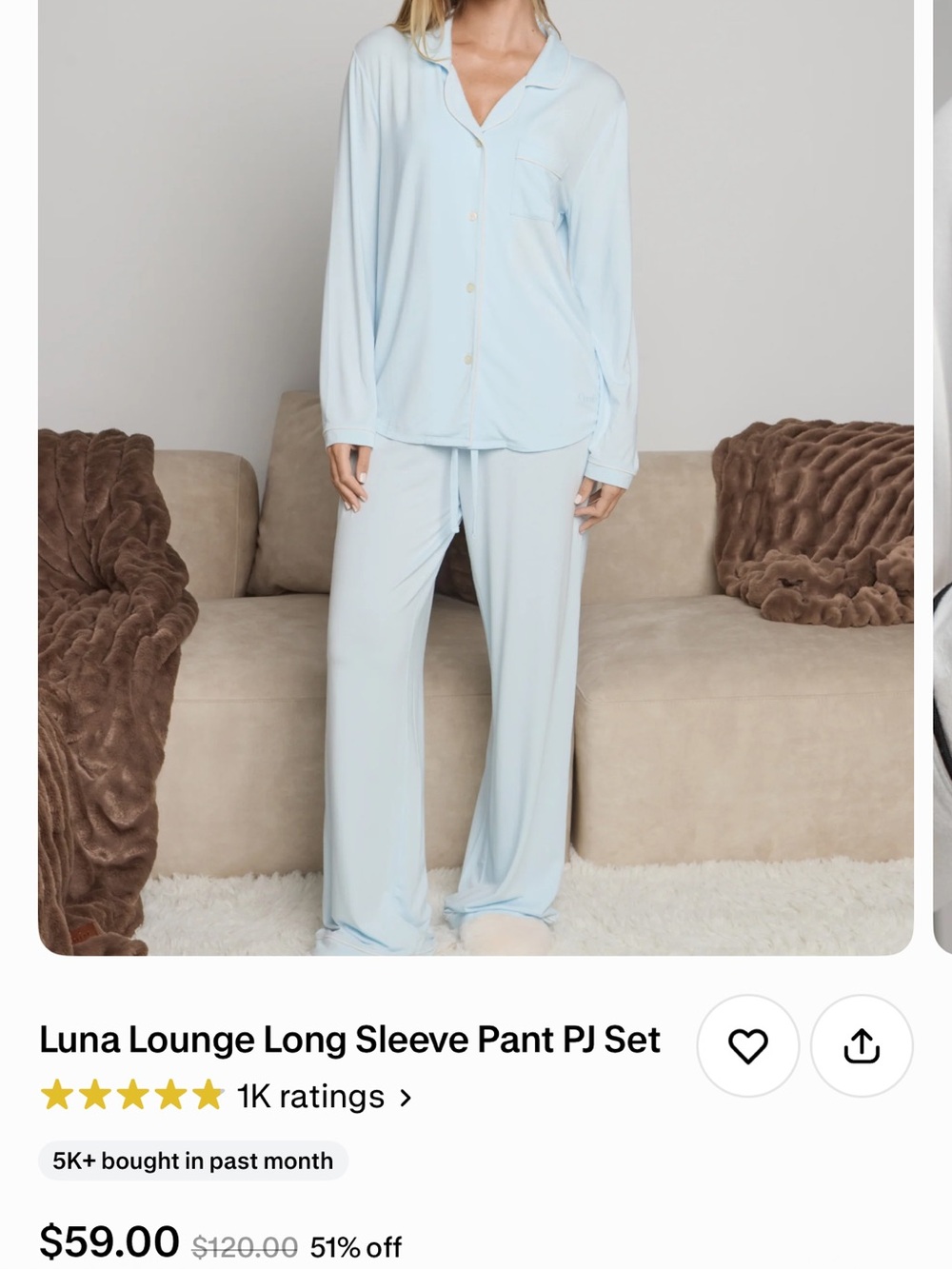Luna Lounge Long Sleeve Pajama Set - Pale Blue